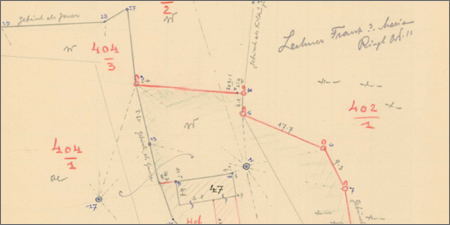 Das Bild zeigt die historische Skizze einer sich geänderten Grundstücksgrenze.
