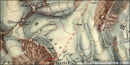 Das Bild zeigt einen Ausschnitt der 3. Landesaufnahme aus dem Jahr 1888.